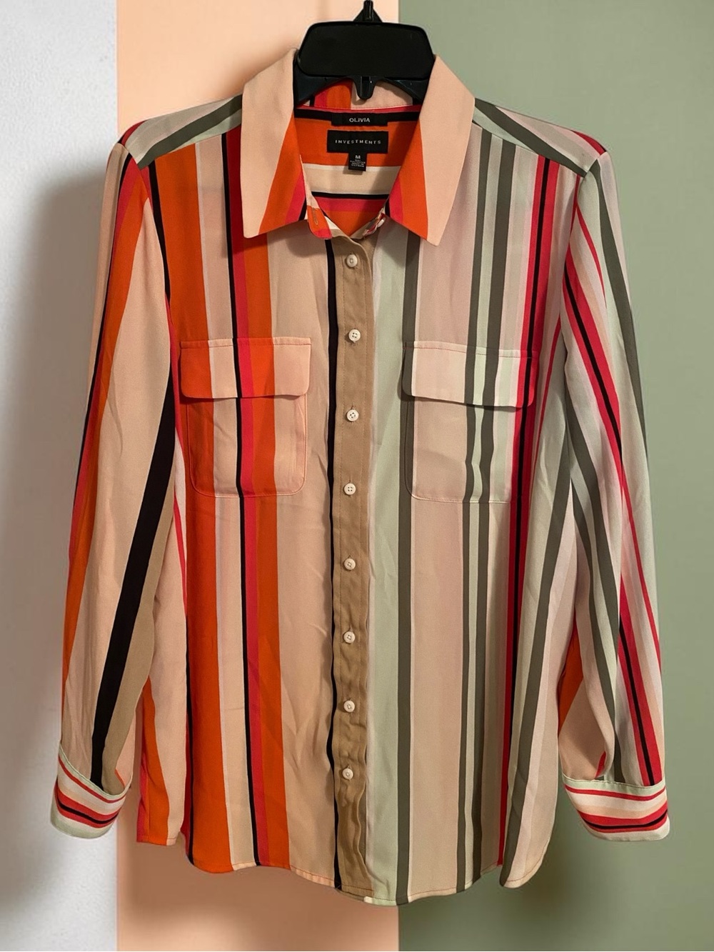 Olivia Investments Multicolor Vertical Stripe Button-Down Blouse, Size M